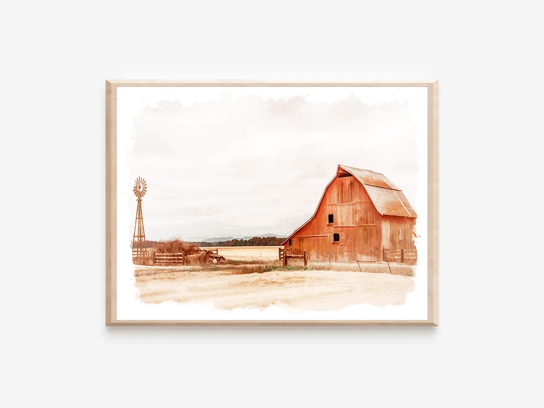 Watercolor Rustic Barn Wall Print, Digital Red Farmhouse Art Print, Red ...
