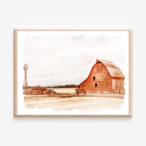 Impression murale aquarelle de grange rustique, impression d&#39;art numérique ferme rouge, impression de grange rouge, impression grange rustique imprimable, impression d&#39;art paysage de campagne