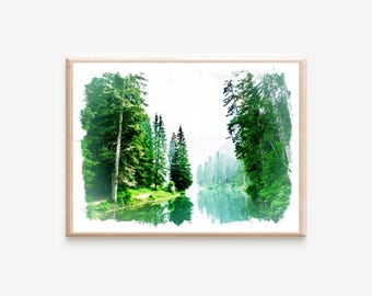 水彩画の森の壁掛けアートプリント、風景水彩画、デジタル水彩画の自然画、水彩画の森のプリント、自然アートプリント