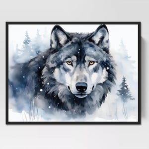Gray wolf in snow, wolf art, wolf print, watercolor woodland, wolf watercolor, gift for wolf lover, animal painting, wildlife, home decor