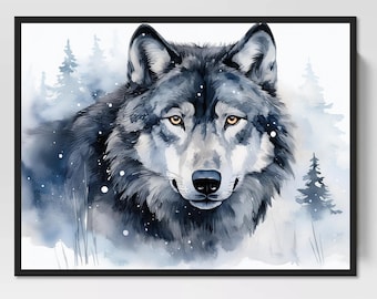 Gray wolf in snow, wolf art, wolf print, watercolor woodland, wolf watercolor, gift for wolf lover, animal painting, wildlife, home decor