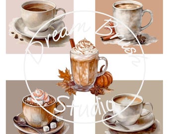 Watercolor Fall Coffee Clipart PNG Bundle, Transparent Background, Autumn Drink PNG, Pumpkin Spice Latte, Hot Cocoa, Cappuccino, Cozy Drink