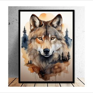 May include: A watercolor painting of a wolf's face with a forest background. The wolf has brown fur and a white muzzle. The background is a soft watercolor wash of blue and brown.