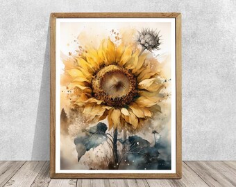 Watercolor Sunflower Wall Art Print, Digital Sunflower Art Print, Wall Art Flower Print, Farmhouse Wall Art, Floral Print, Country Landscape