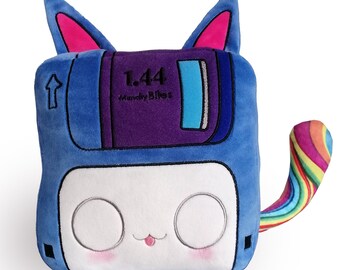 May include: A blue and purple plush toy shaped like a floppy disk with a rainbow tail. The toy has a white face with two black eyes and a pink tongue sticking out. The floppy disk has the text "1.44 Mendy Bites" on it.