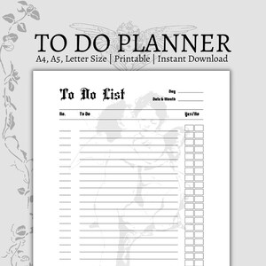 Peut inclure: Planificateur de liste de tâches imprimable avec une illustration en noir et blanc de deux anges. Le planificateur comprend une section pour le jour, la date et le mois, une liste de tâches avec des cases à cocher et une section pour les notes.