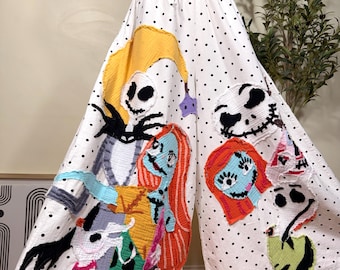 White Polka Dot Wide Leg Pants with Halloween Skeleton Appliqué, Handmade Cotton