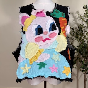Handmade Applique Patchwork Vest: Whimsical Embroidered Art Top