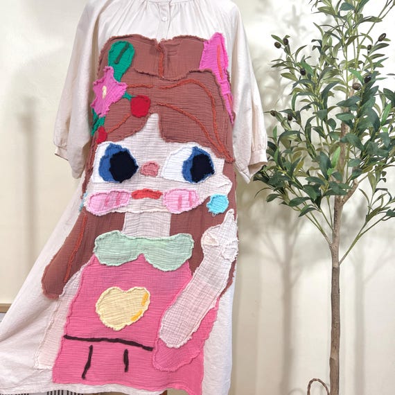 Handmade Appliqu Dress - Whimsical Girl with Cat Ears | Soft Cotton-Linen, One-of-a-Kind Art Clothing