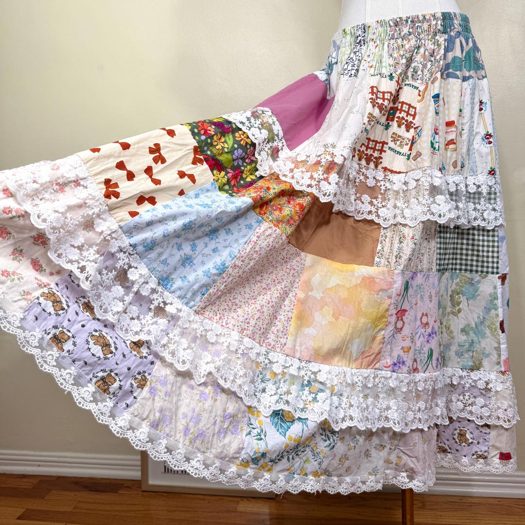 Plus Size Patchwork Maxi Skirt | Handmade Cottagecore Floral, Lace Trim ...
