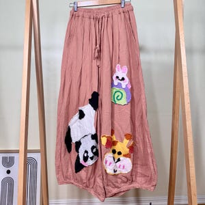 Handmade Appliqué Patchwork Balloon Pants: Whimsical Animal Doodle Art Clothing