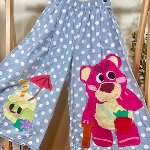 Handmade Blue Polka Dot Wide-Leg Pants with Whimsical Bear & Lemonade Appliqué – One-of-a-Kind Art Clothing