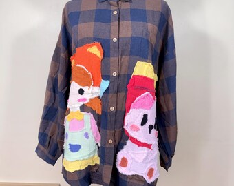 Handmade Plaid Cardigan Shirt: Patchwork Appliqué, Whimsical Clothing