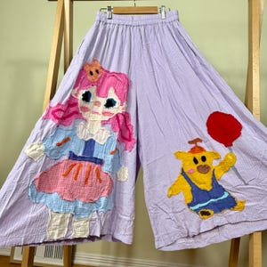 Whimsical Handmade Appliqué Wide-Leg Pants – Pink Girl & Balloon Bear – One-of-a-Kind Playful Art Clothing