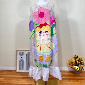 Handmade Appliqué Maxi Dress: Whimsical Patchwork Linen-Cotton Art Clothing