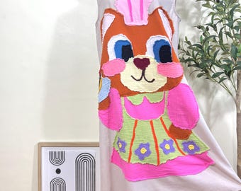 Original Handmade Appliqué Dress – Whimsical Dessert Bear in Pink & Green (One-of-a-Kind Cotton-Linen Piece)