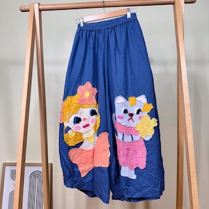 Handmade Appliqué Patchwork Balloon Pants: Whimsical Animal Doodle Art Clothing