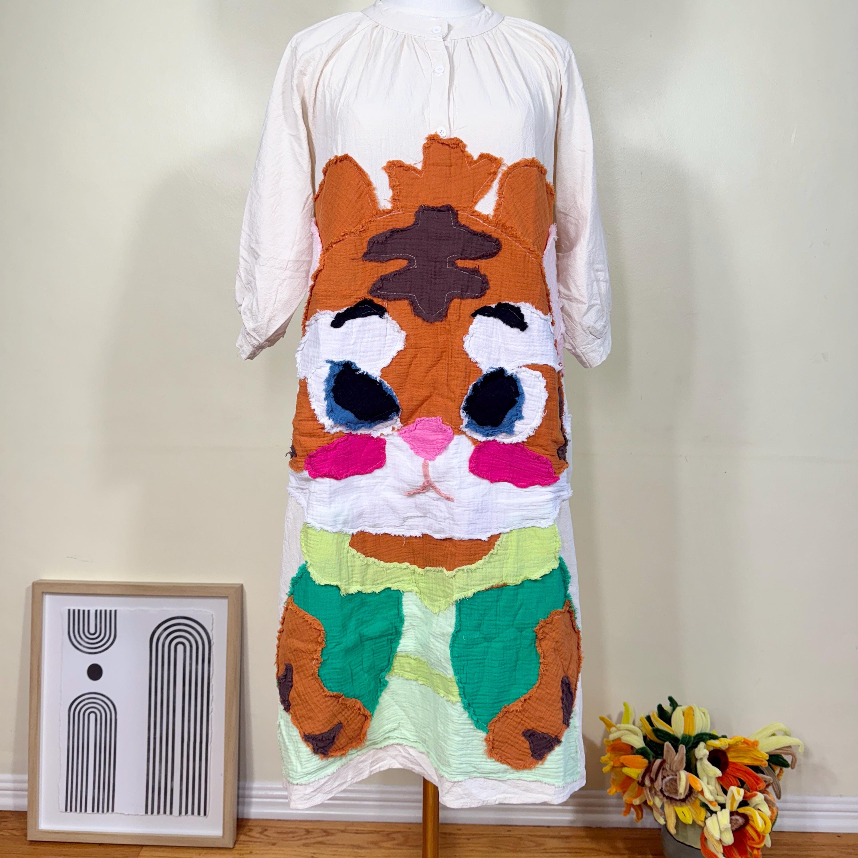 Handmade Appliqué Dress – Whimsical Patchwork Cat Design, Loose