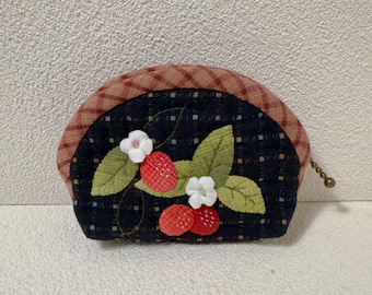 Handmade Strawberry Patchwork Pouch with Beaded Floral Details – Small Coin Purse or Earphone Holder – Quilted Fabric Accessory