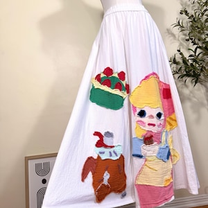 Handmade Patchwork Wide Leg Pants: Whimsical Doodle Appliqué, Pockets