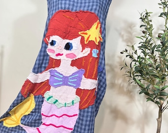 Handmade Gingham Dress – Mermaid Appliqué, Cotton-Linen Art Clothing