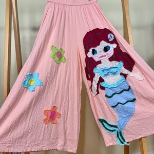 Handmade Mermaid Appliqué Pants: Pastel Pink Wide Leg Cotton Trousers