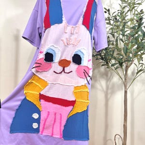 Handmade Appliqué Bunny Dress – Whimsical Oversized Cotton T-Shirt Dress with Sherry’s Doodle Art