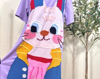 Handmade Appliqué Bunny Dress – Whimsical Oversized Cotton T-Shirt Dress with Sherry’s Doodle Art