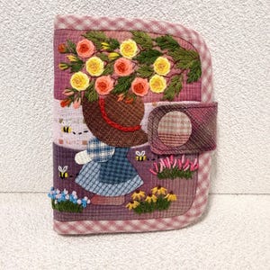 Hand-Embroidered Patchwork Bifold Wallet, Mimosa Flowers Bees, Magnetic Snap Closure