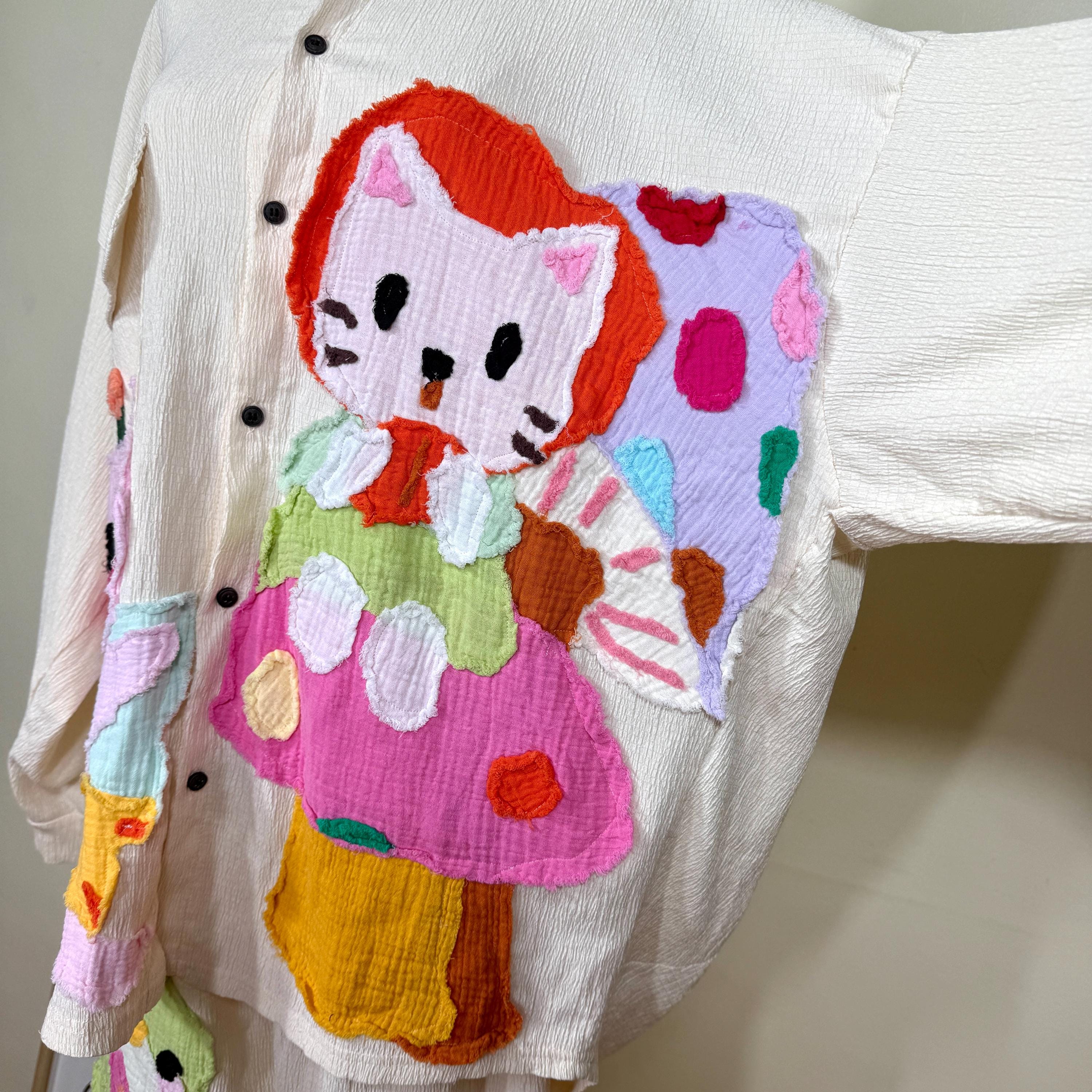 Handmade Patchwork Shirt and Shorts Set: Whimsical Appliqué Outfit