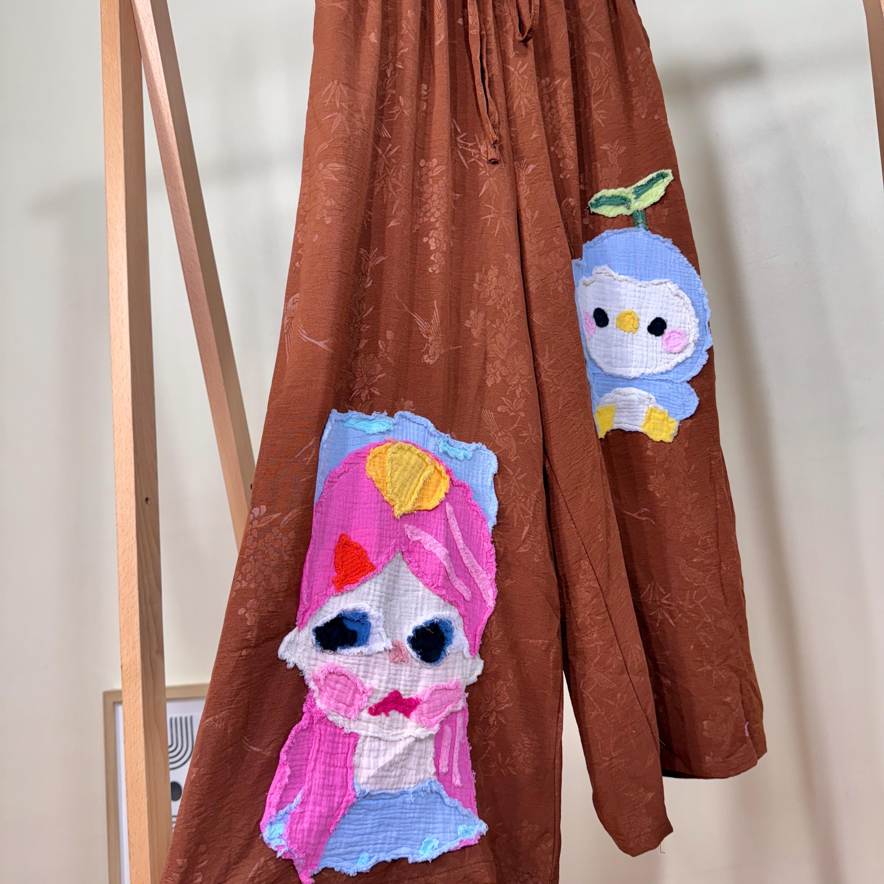 One-of-a-kind Handmade Patchwork Pants – Whimsical Girl & Penguin
