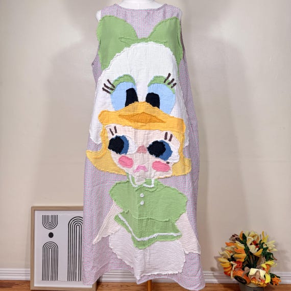 Handmade Appliqué Maxi Dress – Unique Sleeveless Patchwork Art Clothing, Whimsical One-of-a-Kind Outfit