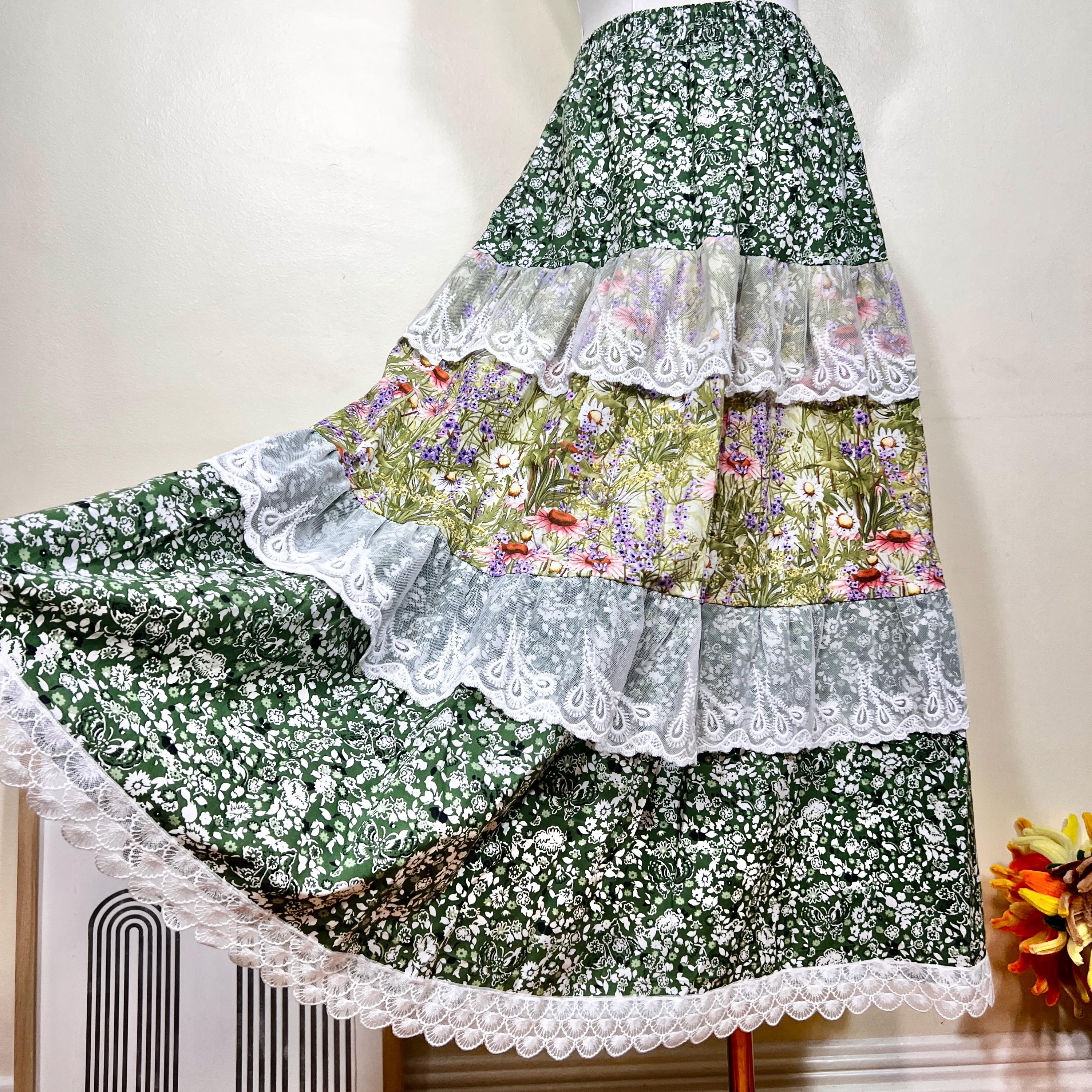 Handmade Cottagecore Patchwork Maxi Skirt: Vintage Floral Lace