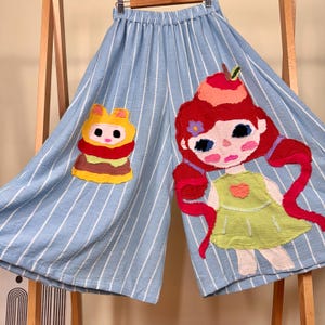 Handmade Appliqué Wide Leg Pants: Striped Cotton-Linen Patchwork Trousers