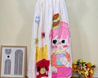Handmade Patchwork Appliqué Skirt: Whimsical Burger & Fries Design