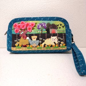 Handmade Patchwork Cat Wallet Wristlet, Triple Zipper Quilted Pouch, Cottagecore Organizer Clutch