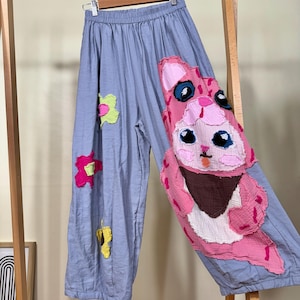 Handmade Appliqué Patchwork Balloon Pants: Whimsical Animal Doodle Art Clothing