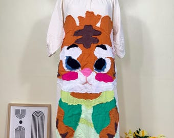 アメリヴィンテージ 刺繍 MEDI PATCHWORK CLOTH DRESS Handmade Appliqué Dress – Whimsical Patchwork Cat Design, Loose