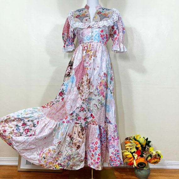 Handmade Patchwork Cottagecore Maxi Dress: Vintage Floral Embroidered Bib -  Etsy UK
