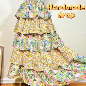 Handmade Cottagecore Maxi Skirt: Floral Ruffle Tiered Cake Skirt
