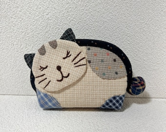 Handmade Patchwork Cat Pouch: 3D Ears & Tail, Yarn-Dyed Fabric
