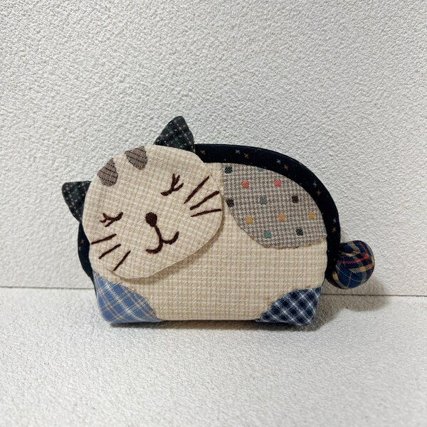 Handmade Patchwork Cat Pouch: 3D Ears & Tail, Yarn-Dyed Fabric