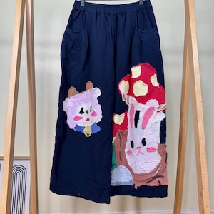 Whimsical Patchwork Pants: Handmade Cotton Trousers with Bunny & Mushroom