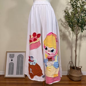 Handmade Patchwork Wide Leg Pants: Whimsical Doodle Appliqué, Pockets