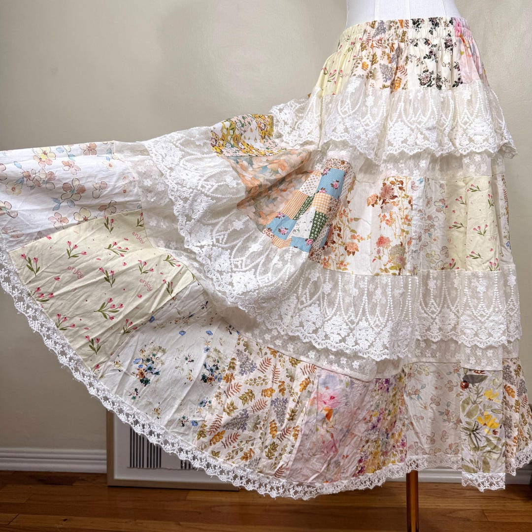 Plus Size Patchwork Maxi Skirt | Handmade Cottagecore Floral, Lace Trim ...