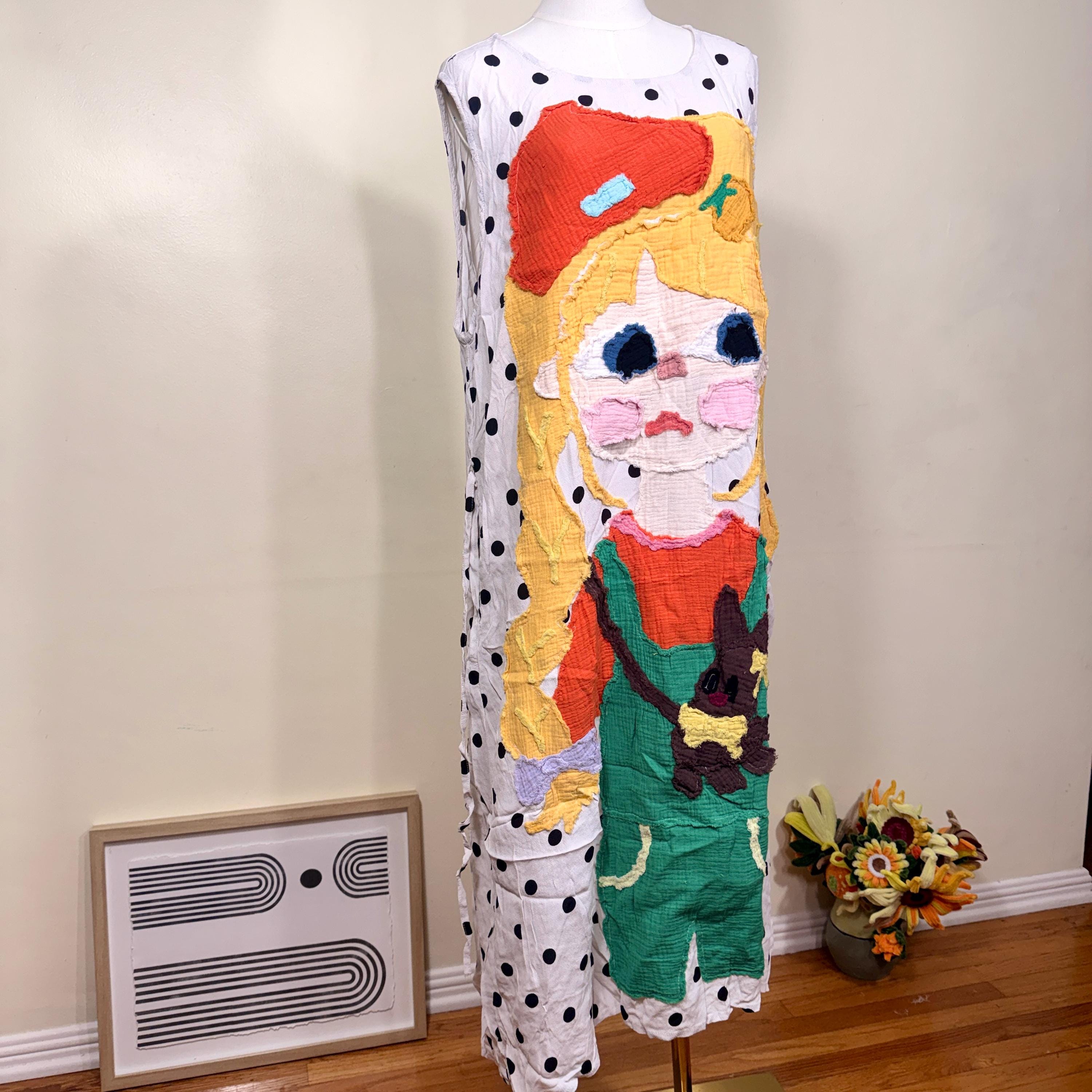 One-of-a-kind Handmade Appliqué Sleeveless Cotton Dress | Whimsical Folk Art Polka Dot Dress