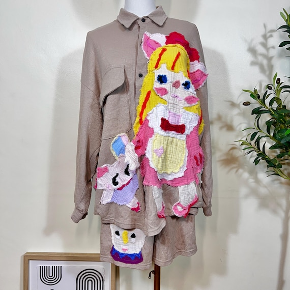 Original Handmade Appliqué Shirt and Shorts Set – Whimsical Elf
