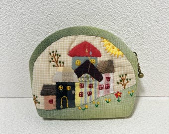Handmade Quilted Coin Purse with Zipper | Small Quilted Wallet for Coins, Lip Balm, Jewelry | Gift for Her with Adorable Community Design