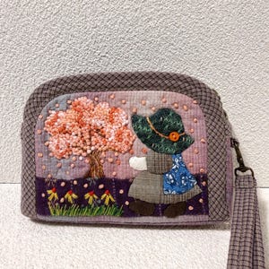 Handmade Patchwork Wristlet, Cat Embroidered Zipper Pouch, 3 Compartment Wallet, Quilted Floral Purse, Cottagecore Gift