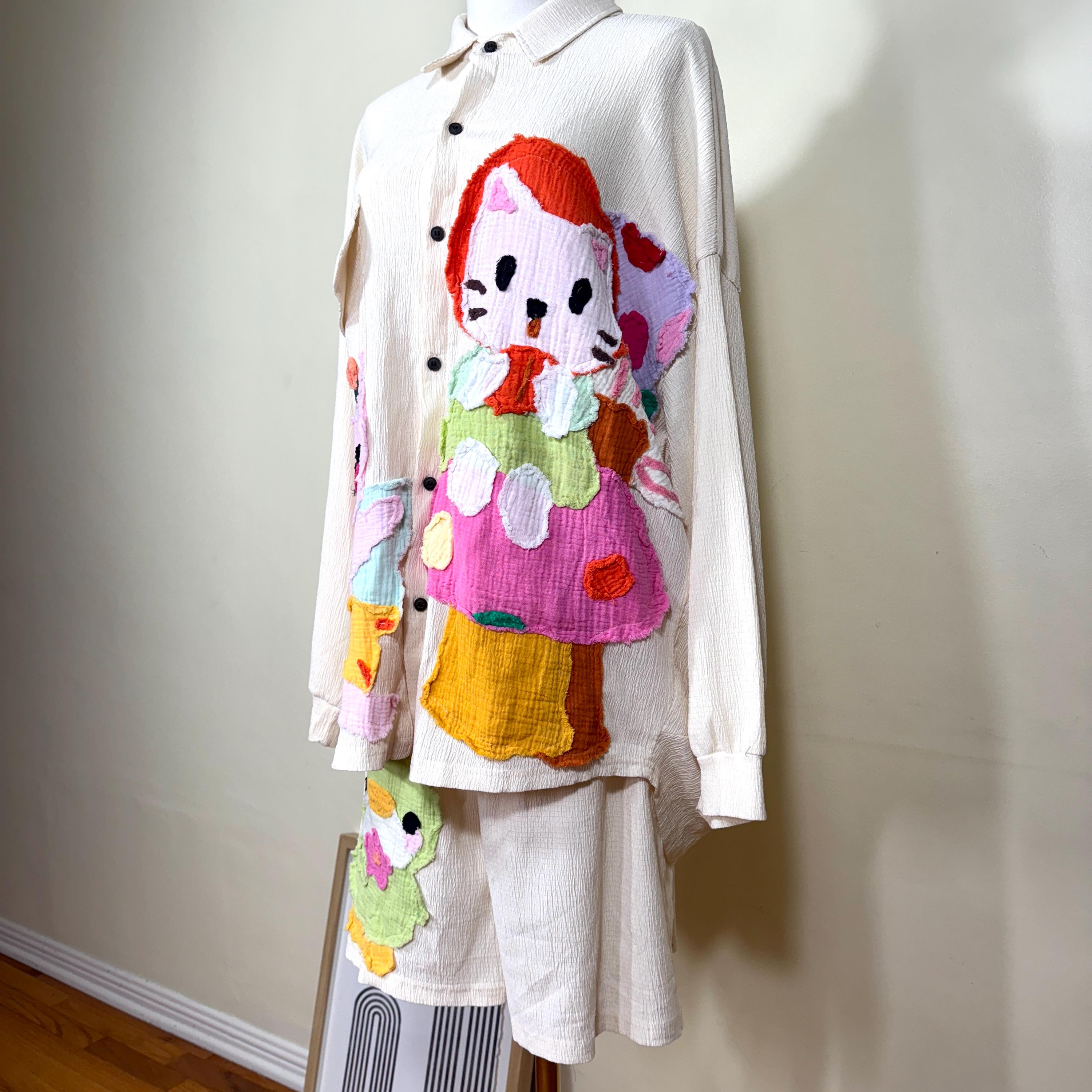Handmade Patchwork Shirt and Shorts Set: Whimsical Appliqué Outfit